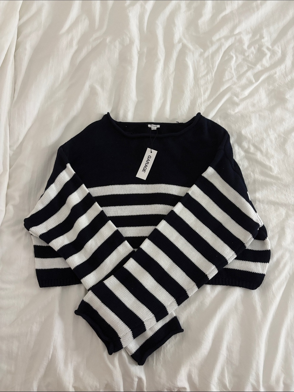 Garage Navy and White Striped Cropped Sweater